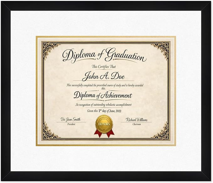 Diploma Frame Matte Black with Oyster Shell Over Gold Double Mat - Fits 14 x 11 College Diploma (Modern) Wall Display Made in the USA