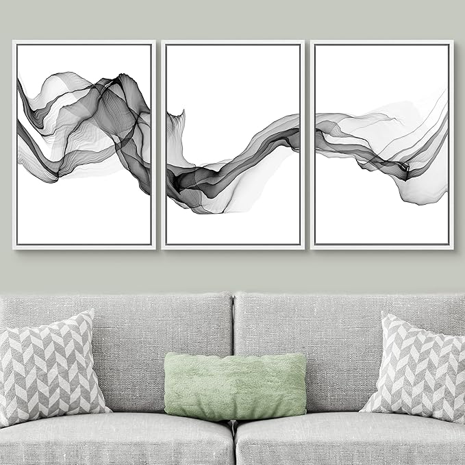 SIGNWIN Framed Canvas Print Wall Art Flowing Gray Smoke Abstract Shapes Digital Art Modern Art Minimalist Relax/Calm Cool for Living Room, Bedroom, Office - 16"x24"x3 White