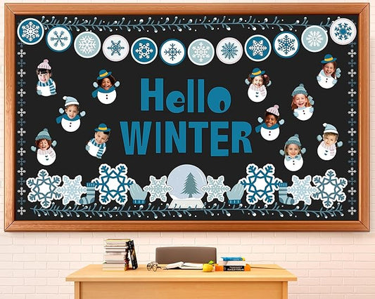 Hello Winter Bulletin Board Set Snowflake Border Classroom Decorations DIY Photo Holiday Snowman Paper Cutouts for Christmas Chalkboard School Home Wall Teacher Supplies