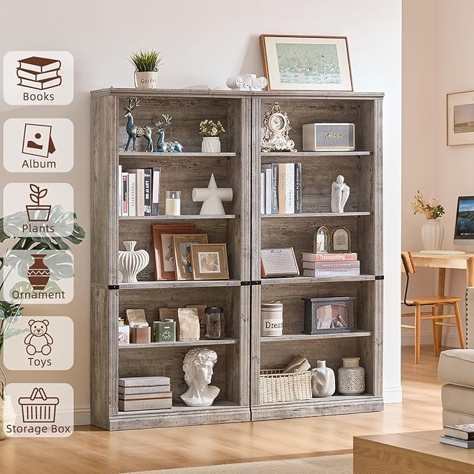 70" Grey Tall Bookshelf Set of 2,5-Tier Thick Wooden Book Shelf with Adjustable Shelves,Free Standing Farmhouse Bookcase with Open Display Storage,Floor Vintage Bookshelves for Living Room