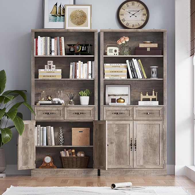 70.1" Tall Bookshelf with Drawers & Cabinet, 5-Tier Floor Standing Bookcase with Storage Doors, Adjustable Shelves & Metal Handles, 31.5" Wide Organizer for Home Office, Living Room