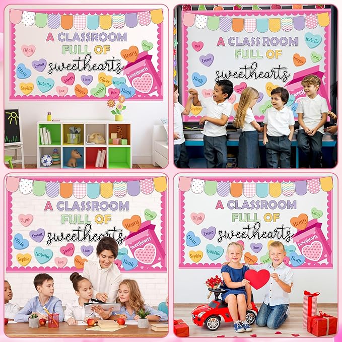 Valentine's Day Bulletin Board Set Happy Valentine's Day Classroom Decorations A Classroom Full of Sweethearts Paper Cutouts Candy Heart Name Tags for School Home Office Chalkboard Wall Door Decor