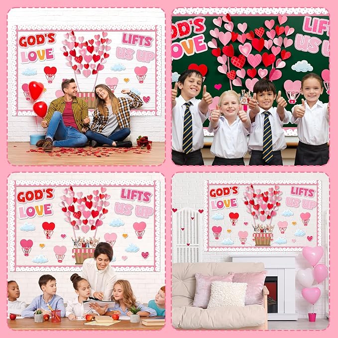 Valentine's Day Bulletin Board Set Hot Air Balloon Bulletin Board Classroom Decoration Valentines 3D Heart Cloud Religious DIY Photo Cutouts for School Classroom Chalkboard Wall Door Decor