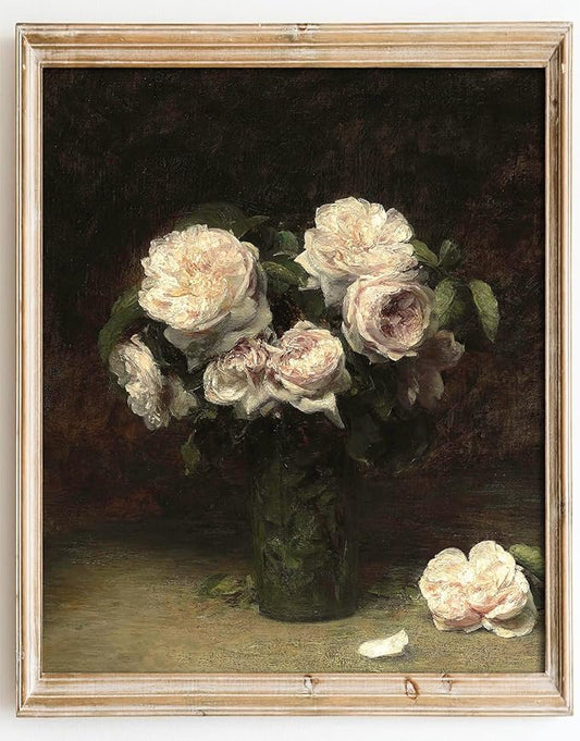 Kizbook Vintage Floral Wall Art Prints, Moody Dark Roses Canvas Oil Painting, Vintage Flower Picture Prints for Wall Decor, French Country Decor for Gallery Kitchen Bathroom Wall Decor( 8" x 10"-UNFRAMED)
