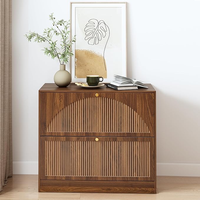 Fluted 2 Drawer Lateral File Cabinet, Office Wood File Cabinet & Printer Cabinet with Adjustable & Removable Hanging Rod for Letter/Legal/A4 (Walnut)