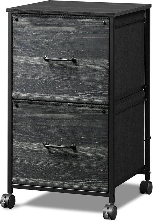 DEVAISE 2 Drawer Mobile File Cabinet, Rolling Printer Stand, Fabric Vertical Filing Cabinet fits A4 or Letter Size for Home Office, Charcoal Black Wood Grain Print