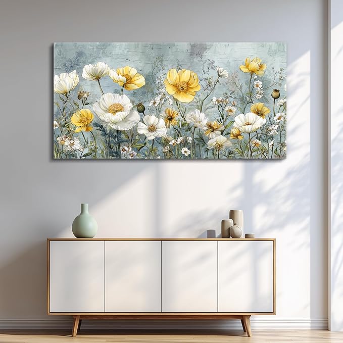 QIYILEXWART Canvas Wall Art For Living Room Large Wall Decor For Office Bedroom Decorations Yellow White Flowers Landscape Pictures Farmhouse Painting Artwork Room Wall Mural Aesthetic Home Decor 30x60 In