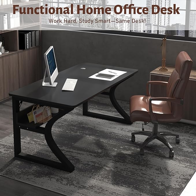 Computer Desk 47 x 23.6 Inch Home Office Desk, Large Modern Computer Desks with Storage Shelf, Metal Frame Work Study Writing Office Desk with Cable Hole, Wide Desk for PC & Monitors (Black, 47)