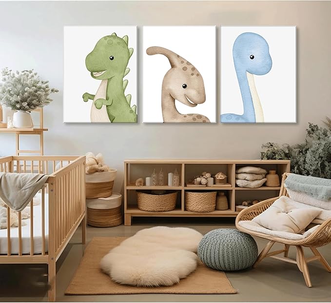 Dinosaur Wall Art Nursery Wall Decor Watercolor Dinosaur Posters Kids Room Canvas Funny Animals Prints neutral dino Pictures Boy Girl Nursery Bedroom Painting Ready to Hang Decorations Framed (Beige, 12x16in canvas)
