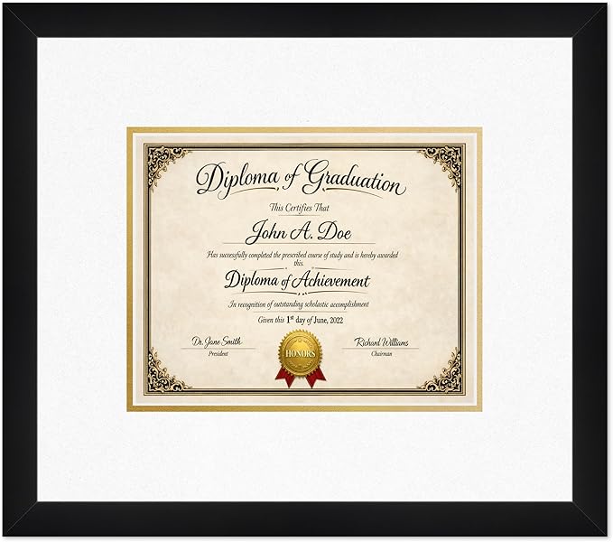 Diploma Frame Matte Black with Oyster Shell Over Gold Double Mat - Fits 10 x 8 Professional License Wall Display Made in the USA