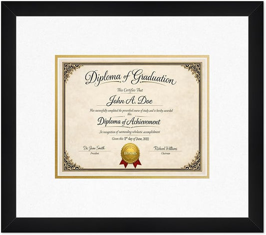 Diploma Frame Matte Black with Oyster Shell Over Gold Double Mat - Fits 10 x 8 Professional License Wall Display Made in the USA
