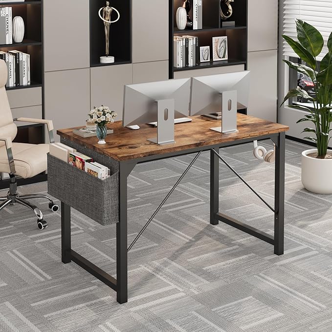 Shahoo Computer Desk, 40 Inch Office Writing Work Table, with Storage Bag and Hook, for Home, Study, Rustic Brown