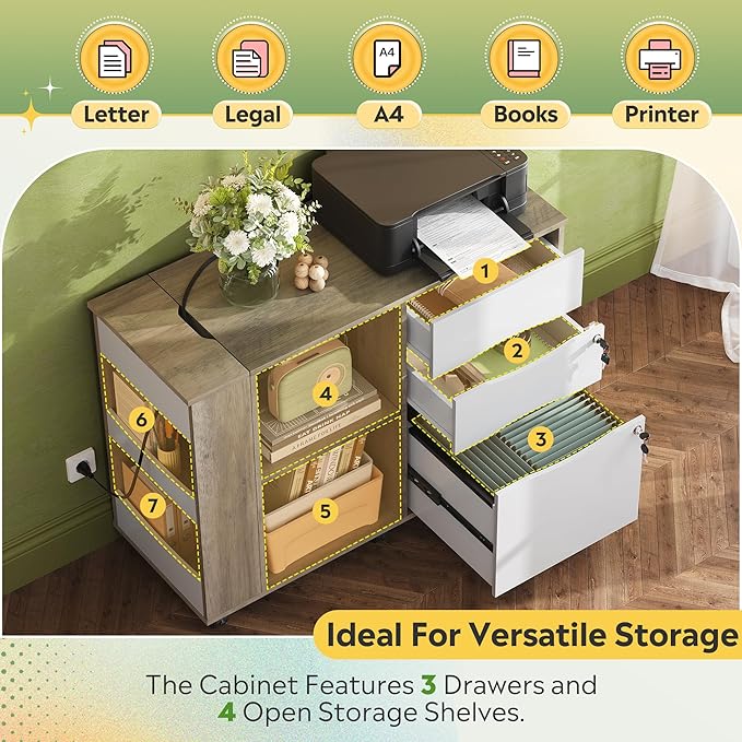 DEVAISE File Cabinet with Lock, 3 Drawer Rolling Mobile Lateral Filing Cabinets with Charging Station Printer Stand with Open Storage Shelves Fits A4 or Letter Size for Home Office Gray White