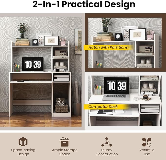 Giantex Computer Desk with Hutch, 43.5 Inch Home Office Desk with Keyboard Tray & Charging Station, Laptop PC Table for Workstation, Modern Study Writing Desk for Small Space, Bedroom, White