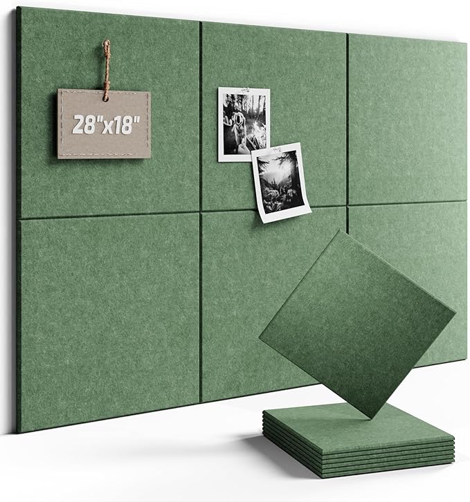 Fluxynara Felt Bulletin Board Tiles -28"x18" Cork Board Alternative for Office Decor, Push Pin Board Wall Organizer 6-Pack -Moss Green
