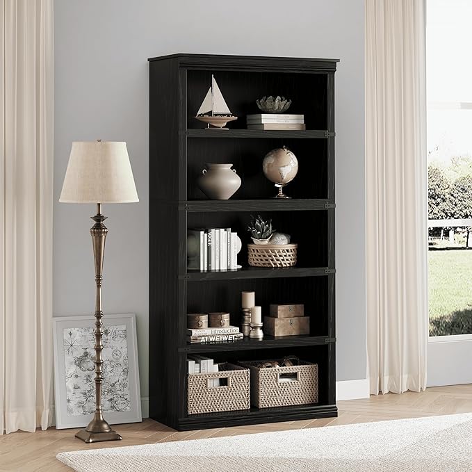 GarveeHome 5 Tier Farmhouse Bookcase, 67.4" Tall Book Shelf with Storage, Wooden Bookshelves 5 Shelf Display Shelves for Home Office(67.4" H x 31.5" W x 12.8" D) (Black, 67.4" H x 31.5" W x 12.8" D)