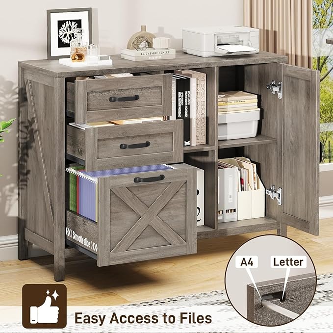 Vabches Lateral File Cabinet, Farmhouse 3 Drawer File Cabinet with Open Storage Shelf for Letter/A4/Legal Size Hanging Files, Large Wood Storage Cabinets Printer Stand for Home Office, Grey