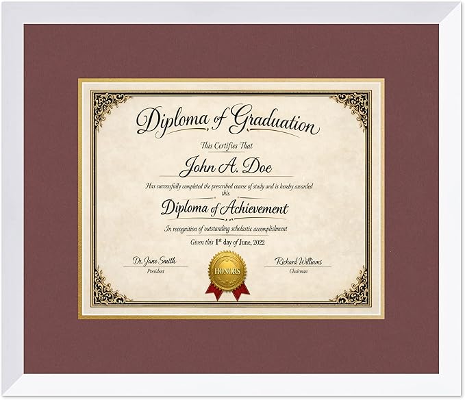 Diploma Frame Bright White with Dark Red Over Gold Double Mat - Fits 14 x 11 College Diploma (Modern) Wall Display Made in the USA