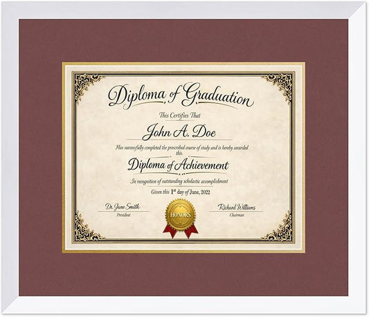 Diploma Frame Bright White with Dark Red Over Gold Double Mat - Fits 14 x 11 College Diploma (Modern) Wall Display Made in the USA
