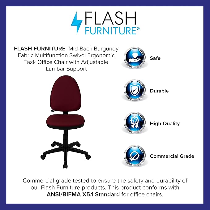 Flash Furniture Mid-Back Burgundy Fabric Multifunction Swivel Ergonomic Task Office Chair with Adjustable Lumbar Support