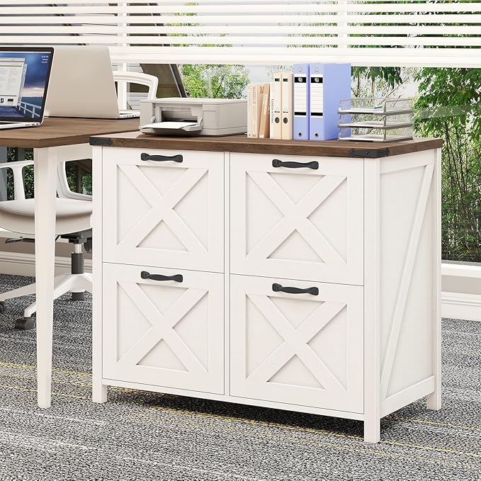 Farmhouse File Cabinet, Lateral Filing Cabinet with 4 Drawers for Letter/A4 Size Hanging Files, Wooden Printer Stand File Storage Cabinet for Home Office Cabinets, Rustic White