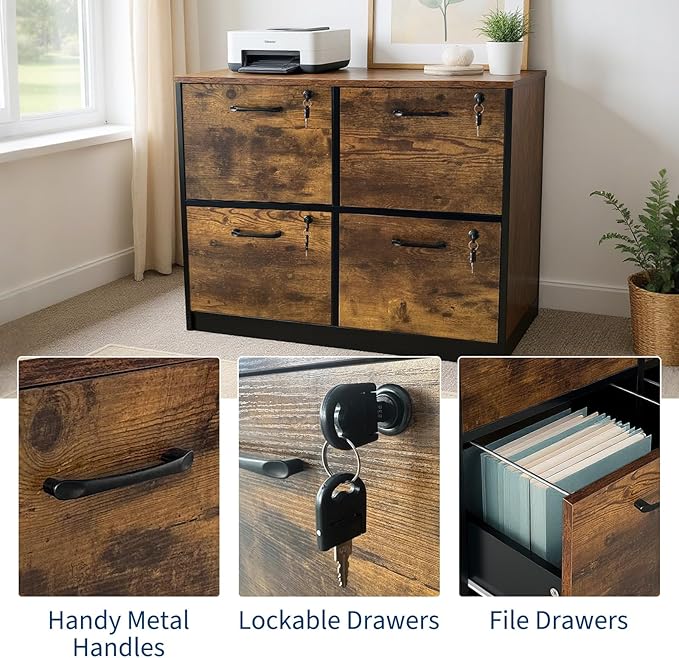 GarveeHome 4 Drawer File Cabinet with Lock, Locked File Cabinet with Key, Wooden Filing Cabinets for Home Office, Office Storage for Letter/A4/Files, Rustic Brown and Black