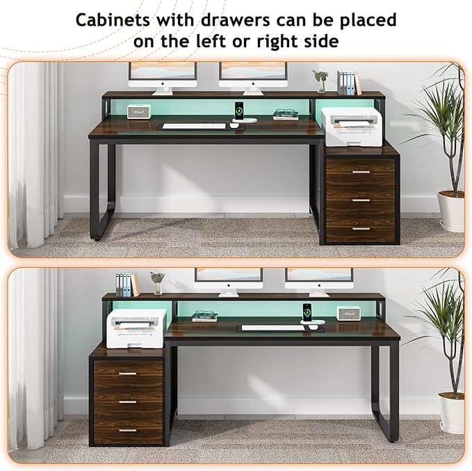 HOMBCK 67" Computer Desk with 3 Drawers, Home Office Desk with Long Monitor Stand and Printer Space, Office Desk with Storage & LED Lights, Writing Desk with Drawers, Black and Walnut