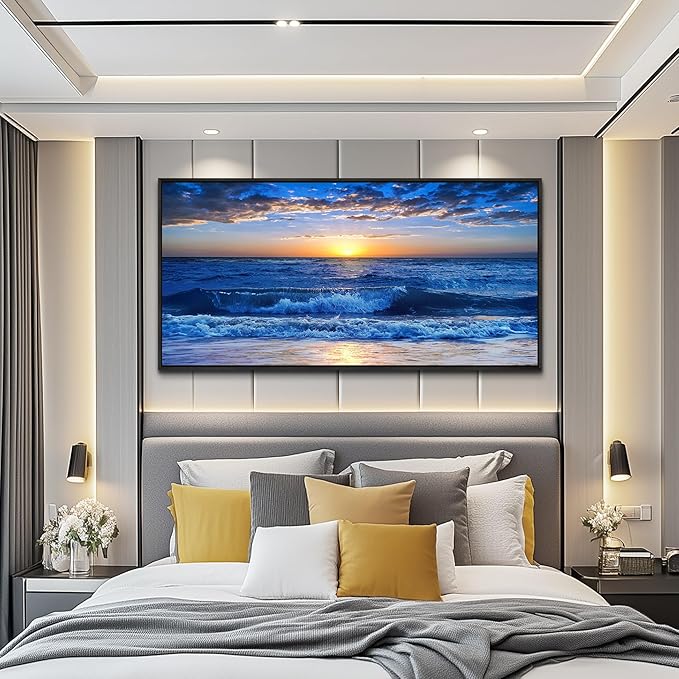 Sea Beach Framed Canvas Wall Art For Living Room Wall Decor For Bedroom Home Decor Blue Ocean Canvas Pictures Artwork Sunny Sea View Wave Painting Office Wall Decorations Black Framed 20" X 40"