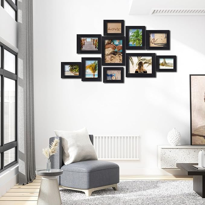 10 pack Picture Frame Set with Two 8x10,Four 5x7,Four 4x6, Rustic Collage Gallery Wall Frame, Farmhouse wood Photo Frames for living room Wall Gallery Decor or Desk,Black
