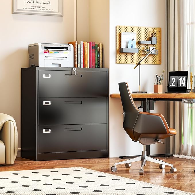 Metal 3 Drawer Lateral File Cabinet with Lock, Wide&Deep Black Filing Cabinet for Letter/Legal/F4/A4 Hanging Files, Includes Business Card Holder, Home Office School Storage