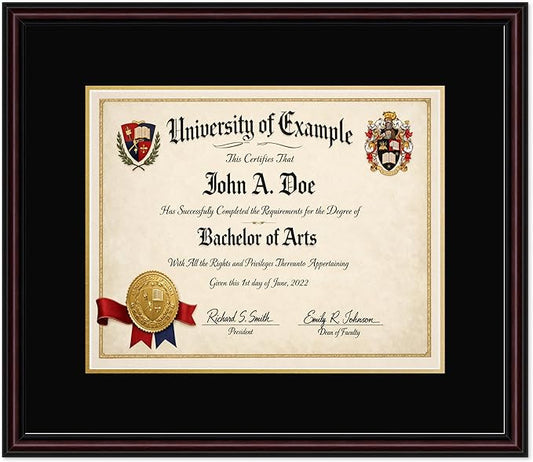 CountryArtHouse Diploma Frame Fits 15 x 12 Military/Government - Keepsake Graduation Display Executive Brown Genuine Hardwood with Black Over Metallic Gold Double mat