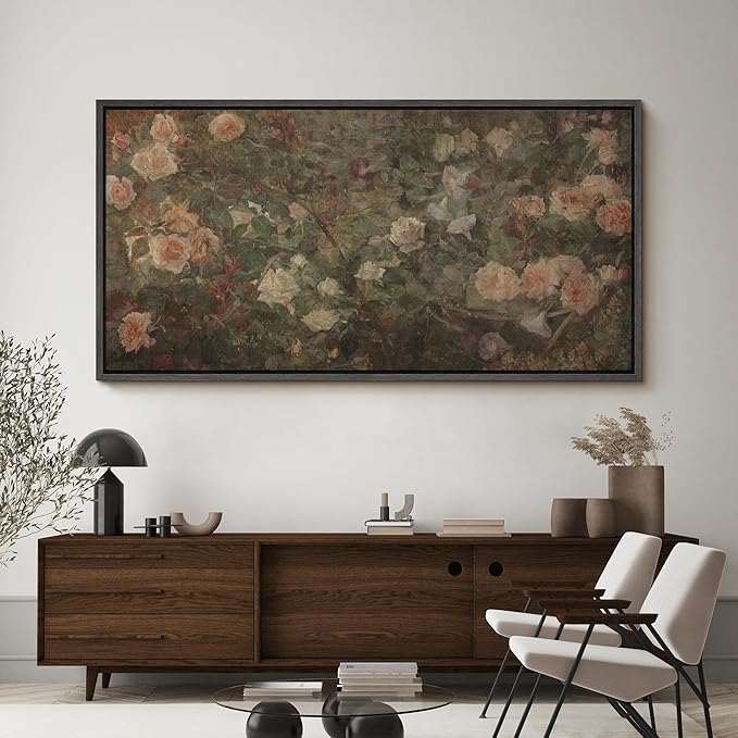 SIGNFORD Extra Large Framed Canvas Vintage White Rose Garden Print Classic Floral Illustrations Modern Art Calm Warm for Living Room, Bedroom, Office - 60"x30"