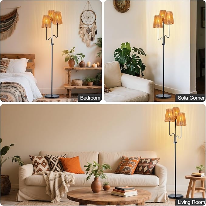 MAYNA Bohemian Floor Lamp, 68 in. Rattan Floor Lamp with Rattan Shade, 3-Light Tree-Shaped Stand Lamp for Bedroom, Nursery, E26 Socket, Living Room(Black)
