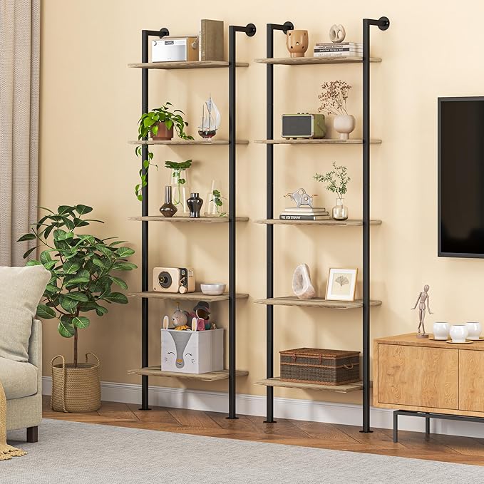 5-Tier Solid Wood Bookshelf, Narrow Book Shelf Set of 2, Wall Mount Ladder Shelf, Storage Rack for Living Room, Bedroom, Industrial Style, Rustic Brown