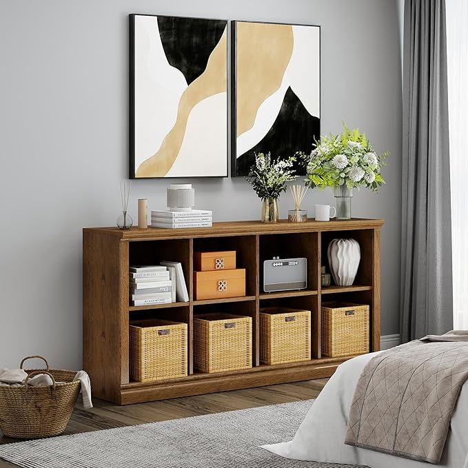 8 Cube Storage Organizer Bookcase - 2 Tiers 8 Storage Cube Adjustable Space Book Case, Display Cabinet Organizer, 54.7 inch Width Horizontal Bookshelf for Home Library Office, Vintage Oak