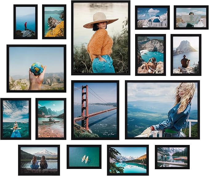 Giftgarden 16 Pack Black Picture Frames for Multi Sizes Photos, Assorted Set Including Two 11x14, Two 8x10, Six 5x7, Six 4x6, Gallery Collage Frame for Wall or Tabletop Display