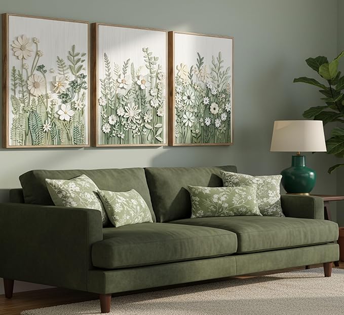 3 Pcs Framed Farm Sage Green Wildflowers Canvas Wall Art Neutral Minimalist Abstract Boho Floral Botanical Painting Pictures Wall Decor Poster Print Artwork for Living Room Bedroom Decoration