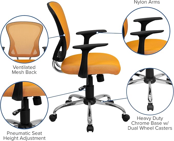 Flash Furniture Alfred Mid-Back Orange Mesh Swivel Task Office Chair with Chrome Base and Arms
