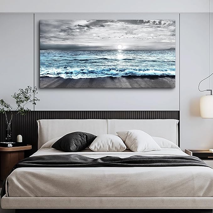 Lapremoly Large Canvas Wall Art - Black And White Beach Wall Painting, Blue Ocean Sea Wave Pictures, Stretched and Framed Modern Artwork For Living Room, Bedroom, Office Wall Decor