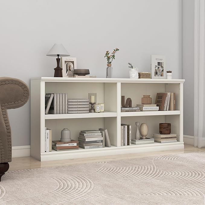 Double Wide Open Shelf Bookcase - 2 Tiers 4 Storage Cube Adjustable Space Book Case, Display Cabinet Organizer with Bookshelf, 64.8 inch Width Indoor Furniture for Home Library Office, White