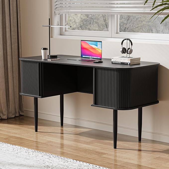 55" Modern Writing Desk with Storage, Wood Home Office Desk with Sliding Doors, Computer Desk for Home Office, Dorm, Living Room, Home Study Table, Black