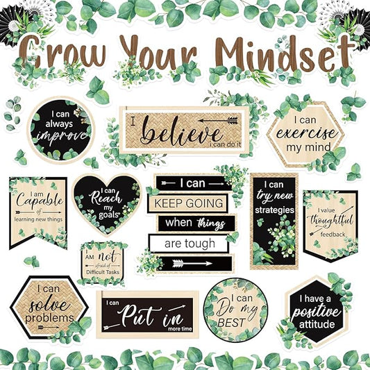 42Pcs Grow Your Mindset Bulletin Board Set Eucalyptus Leaves Greenery Paper Cutouts with 100Pcs Glue Points for Back to School Party Classroom Craft Wall Decor