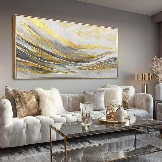 Artexist Abstract Wall Decor Modern Canvas Poster Gold Foil Wood Wall Art 24"x48" Pictures for Bedroom Wall Posters for Dining Room Area