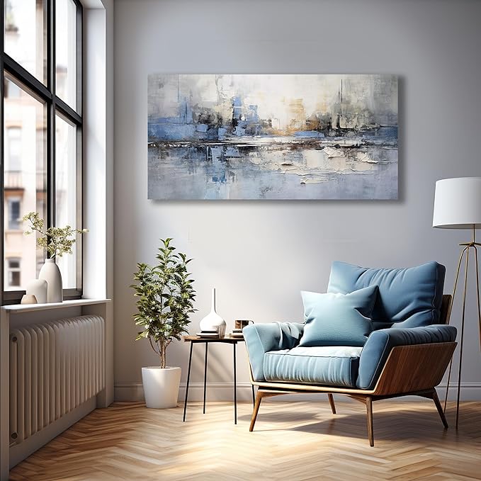 VHMING Abstract Wall Art Wall Decor Blue and Gray White Modern Canvas Wall Paintings Abstract Artwork for Living Room Bedroom Bathroom Office Home Decor Can Be Hung Directly 20"x 40"