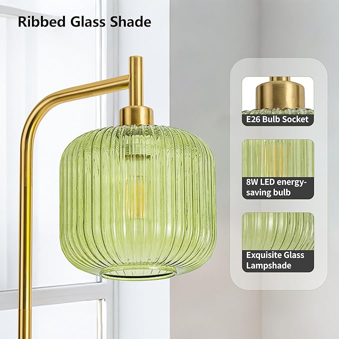 MAYNA Mid Century Modern Floor Lamp, Emerald Green Ribbed Glass Standing Lamp with Built-in Timer Switch, Gold Tall Vintage Lamps for Living Room Bedroom, 2700K LED Bulb Included