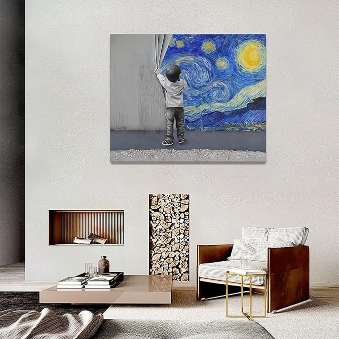 Banksy Wall Art Boys Starry Night Street Graffiti Pictures Wall Decor Kids Canvas Painting Pop Home Modern Artwork Decorations Framed for Living Room Bedroom Bathroom Office 20 x 16 inch