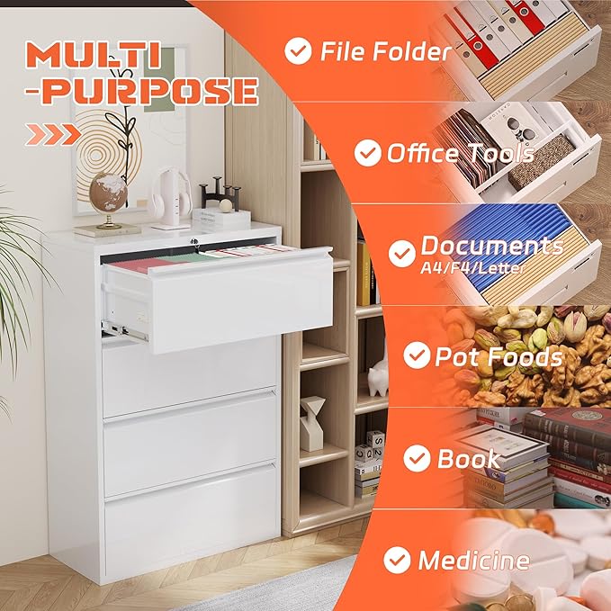 INTERGREAT 4 Drawer File Cabinet, Metal Lateral Filing Cabinet for Home Office, Locking Horizontal File Cabinets for Hanging Files Letter/Legal/F4/A4 (White)
