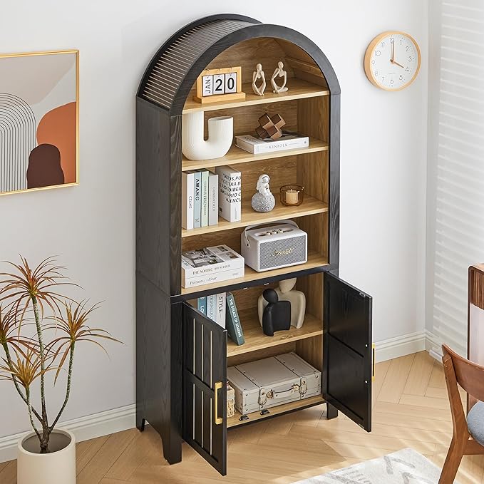 71" Tall Arched Bookcase, Arch Bookshelf with Doors , Modern Farmhouse Book Shelf Storage Cabinet with Adjustable Shelves, Wood Bookshelf w/Open Display for Living Room, Office Decor (Black/Natural)