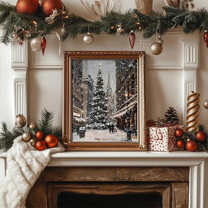 Hwetui Vintage Christmas Canvas Wall Art Poster Set of 6, Winter Tree Reindeer Pictures Wall Decor, Forest Snowy Landscape Paintings Prints Artwork for Home Living Room Bedroom 8×10 inch Unframed