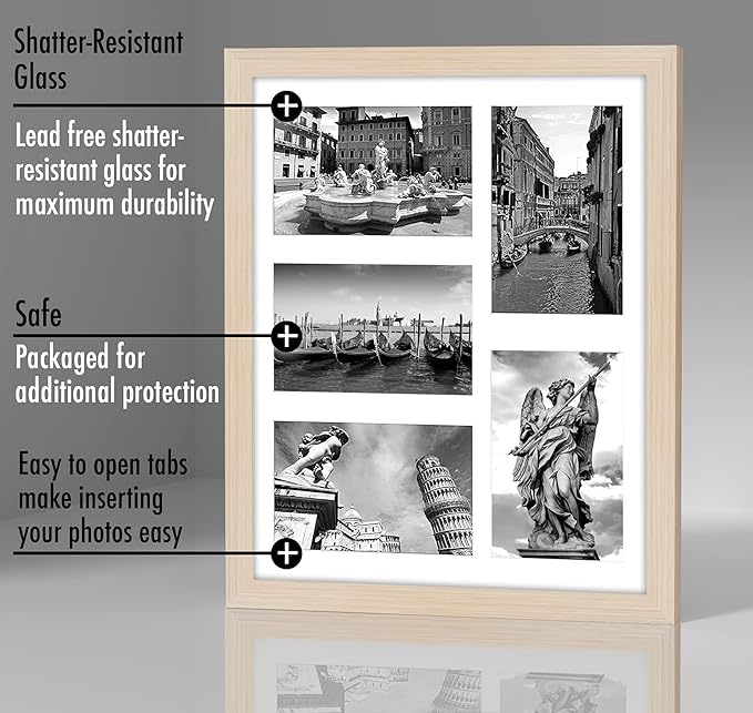 Americanflat 4x6 Collage Picture Frame with Shatter-Resistant Glass - Fits Five 4x6 Photos or Use as One 11x14 Picture Frame - Signature Collection - Collage Frames for Wall Display - Light Wood